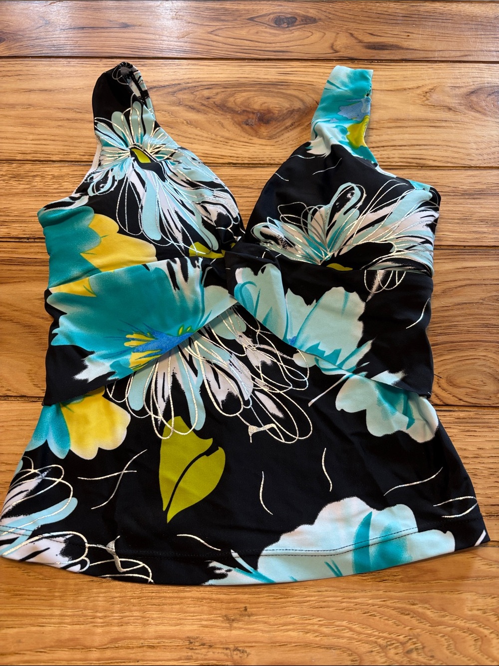 Raya Sun  Black Floral with Aqua and Yellow Accents bathing suit top